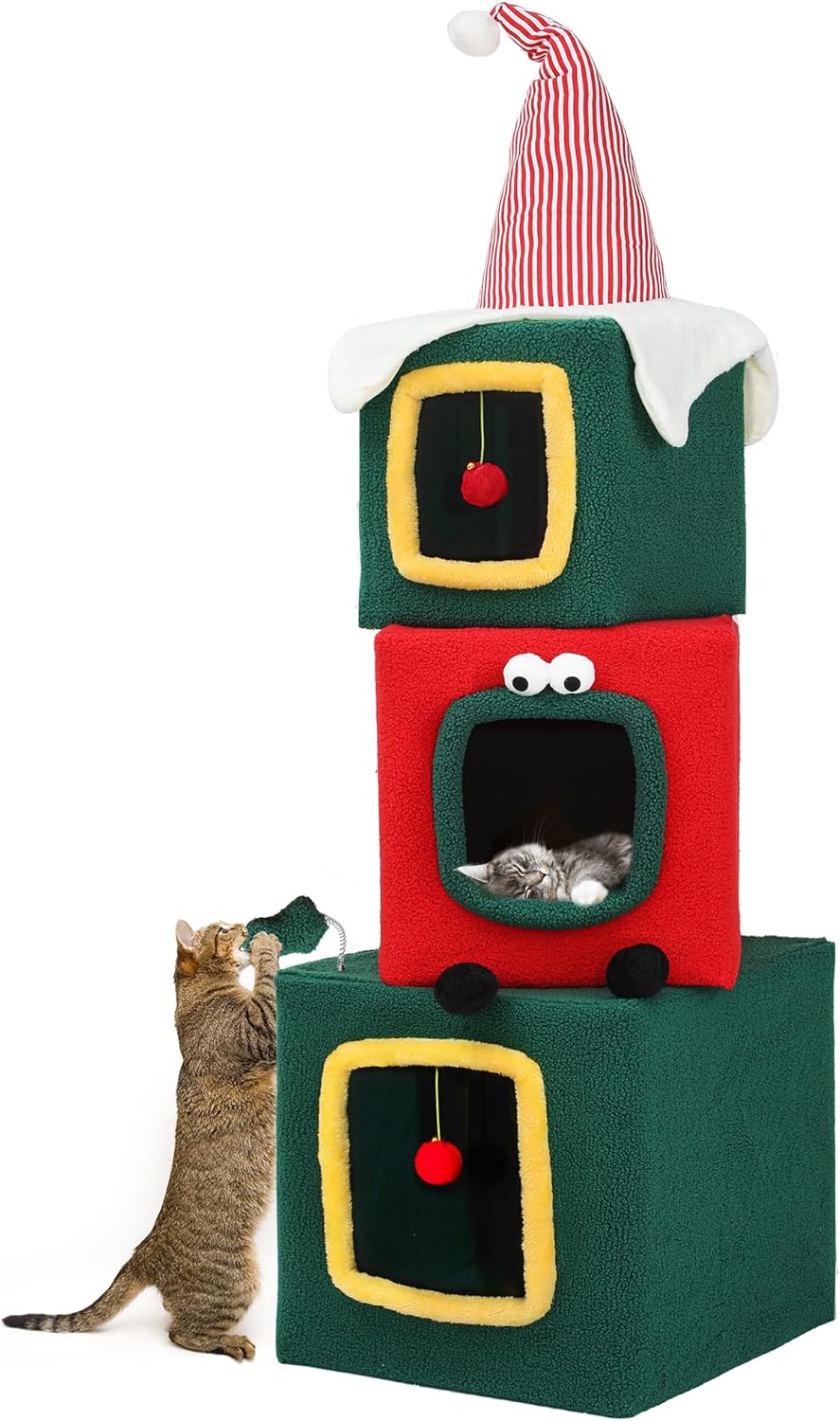 YITAHOME 60" Christmas-Themed Cat Tower with 3 Semi-Enclosed Cat Houses, Indoor Cat Tree with Cat Condos, Cute Cat Tree with Plush Ball, Christmas Tree Cat House