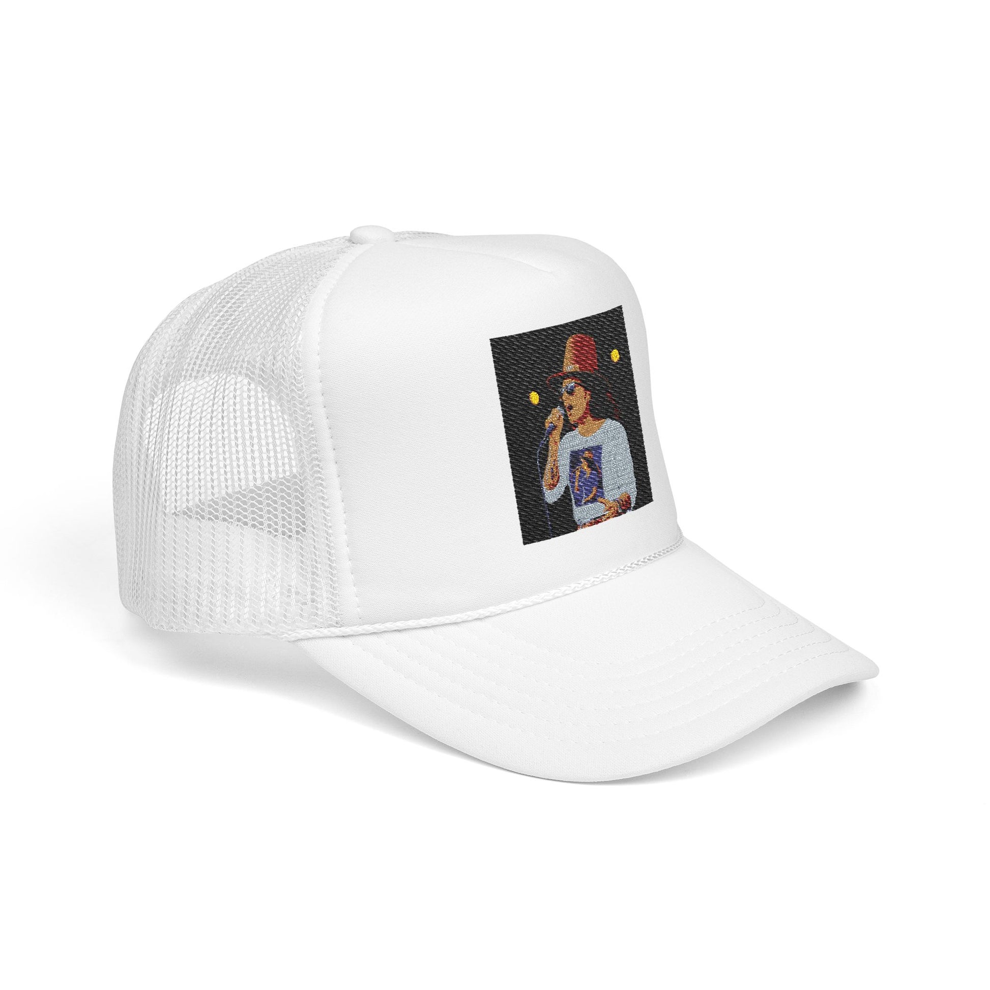 White trucker cap with a embroidered design on a white background