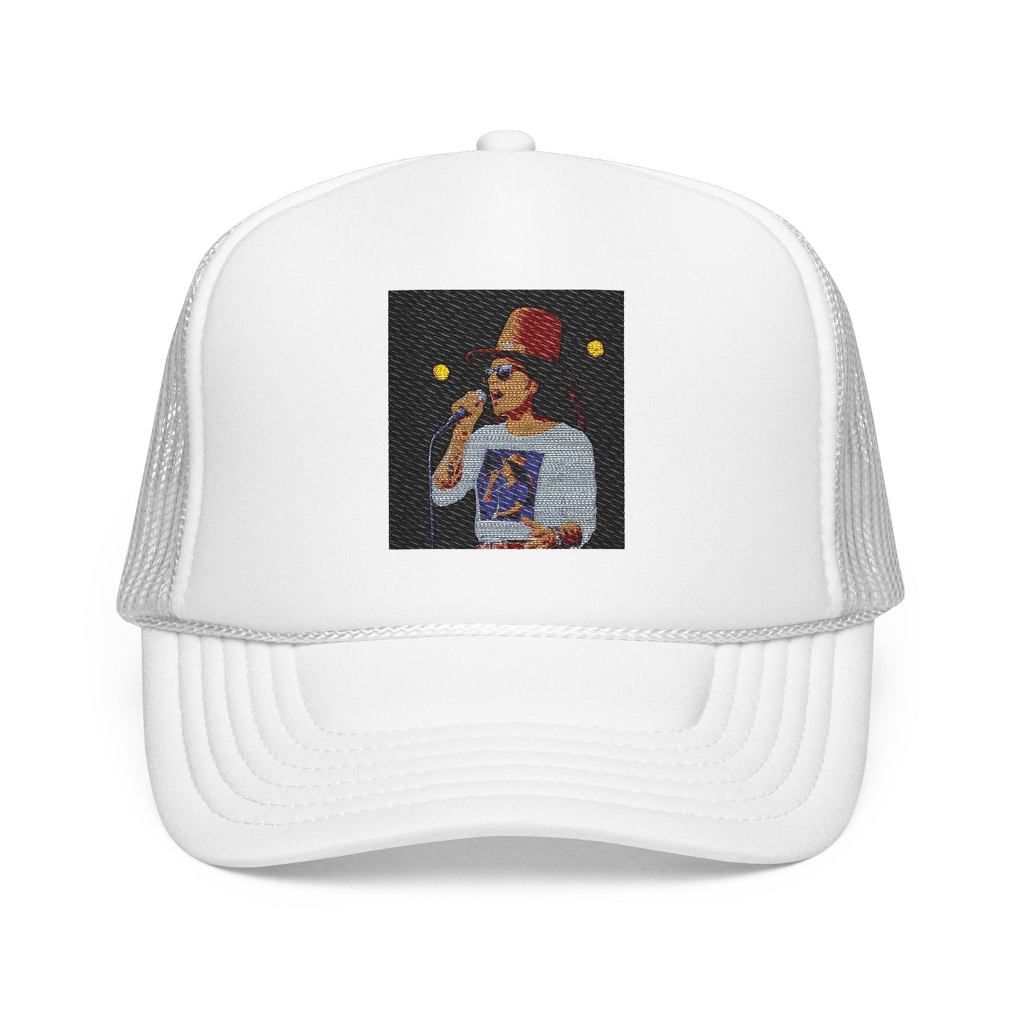 White trucker cap with embroidered design of a person wearing a hat and sunglasses on a white background