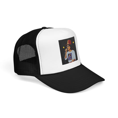 Black and white trucker hat with a pixelated design on a white background