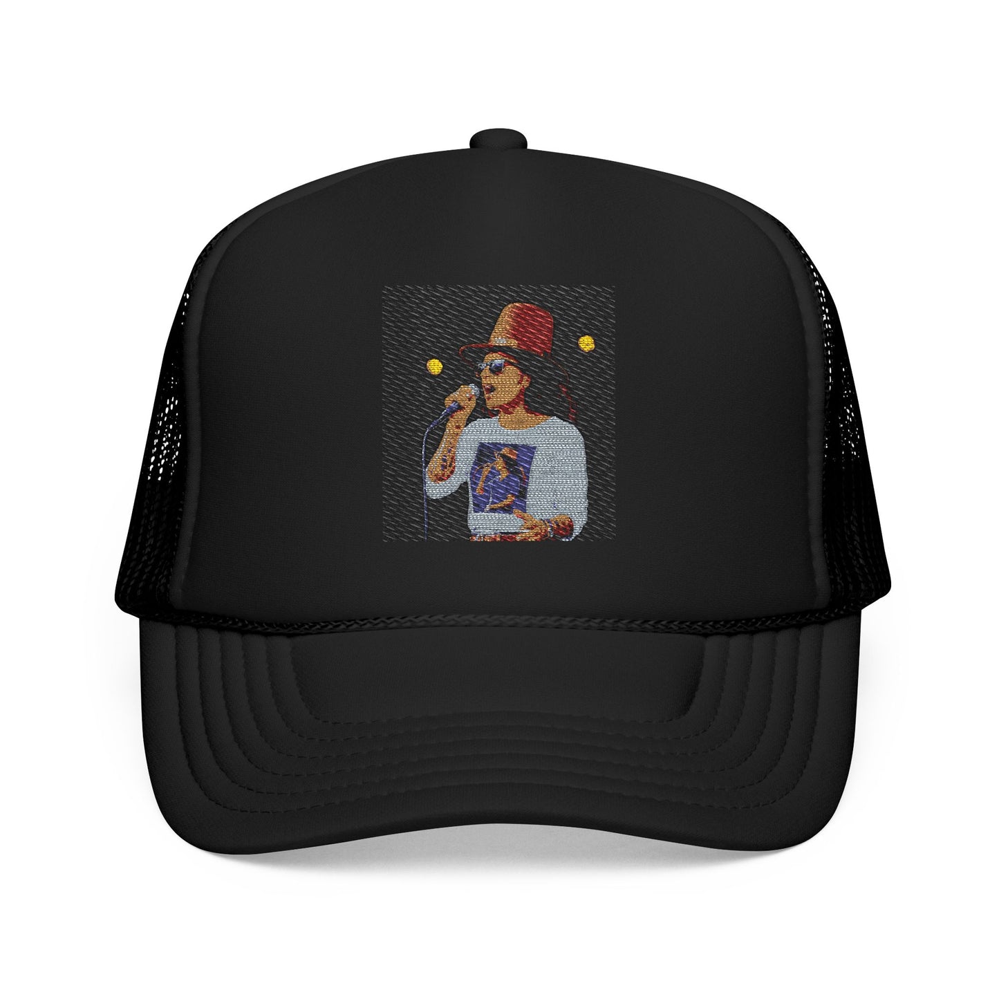 Black trucker cap with a graphic of a person wearing a hat and sunglasses on a white background