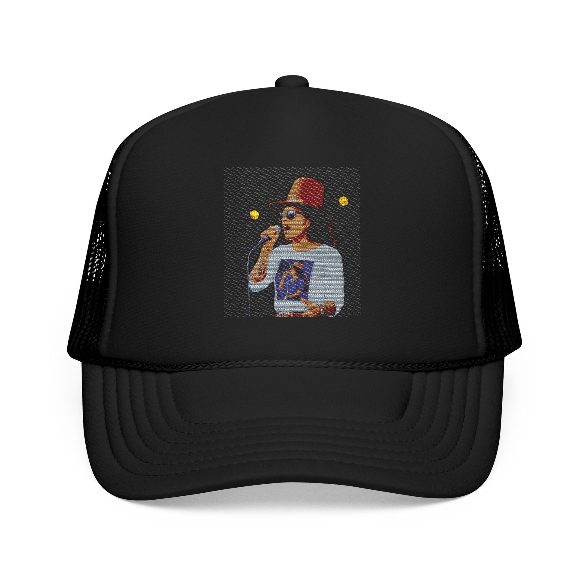 Black trucker cap with a graphic of a person wearing a hat and sunglasses on a white background