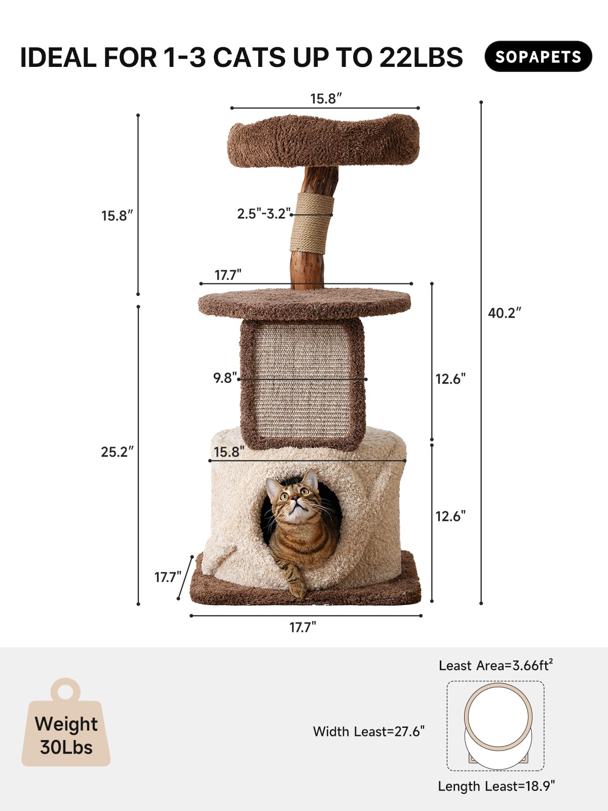 40 Inch Tall Modern Solid Wood Cat Tree Tower for Indoor Cats Large Adult, Sturdy Heavy - Duty Cat Condo with Scratching Post, Perch, Scratcher, Platform, Cozy Hideaway - Novusyes