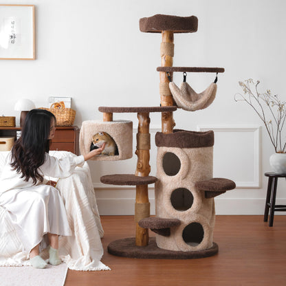 40 Inch Tall Modern Solid Wood Cat Tree Tower for Indoor Cats Large Adult, Sturdy Heavy - Duty Cat Condo with Scratching Post, Perch, Scratcher, Platform, Cozy Hideaway - Novusyes
