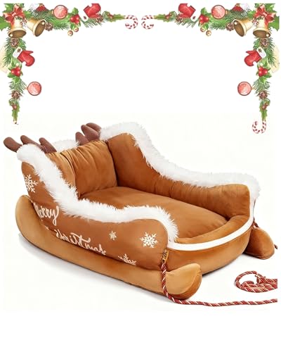 Inflatable dog sled with reindeer ears and antlers on a white background, surrounded by Christmas decorations.