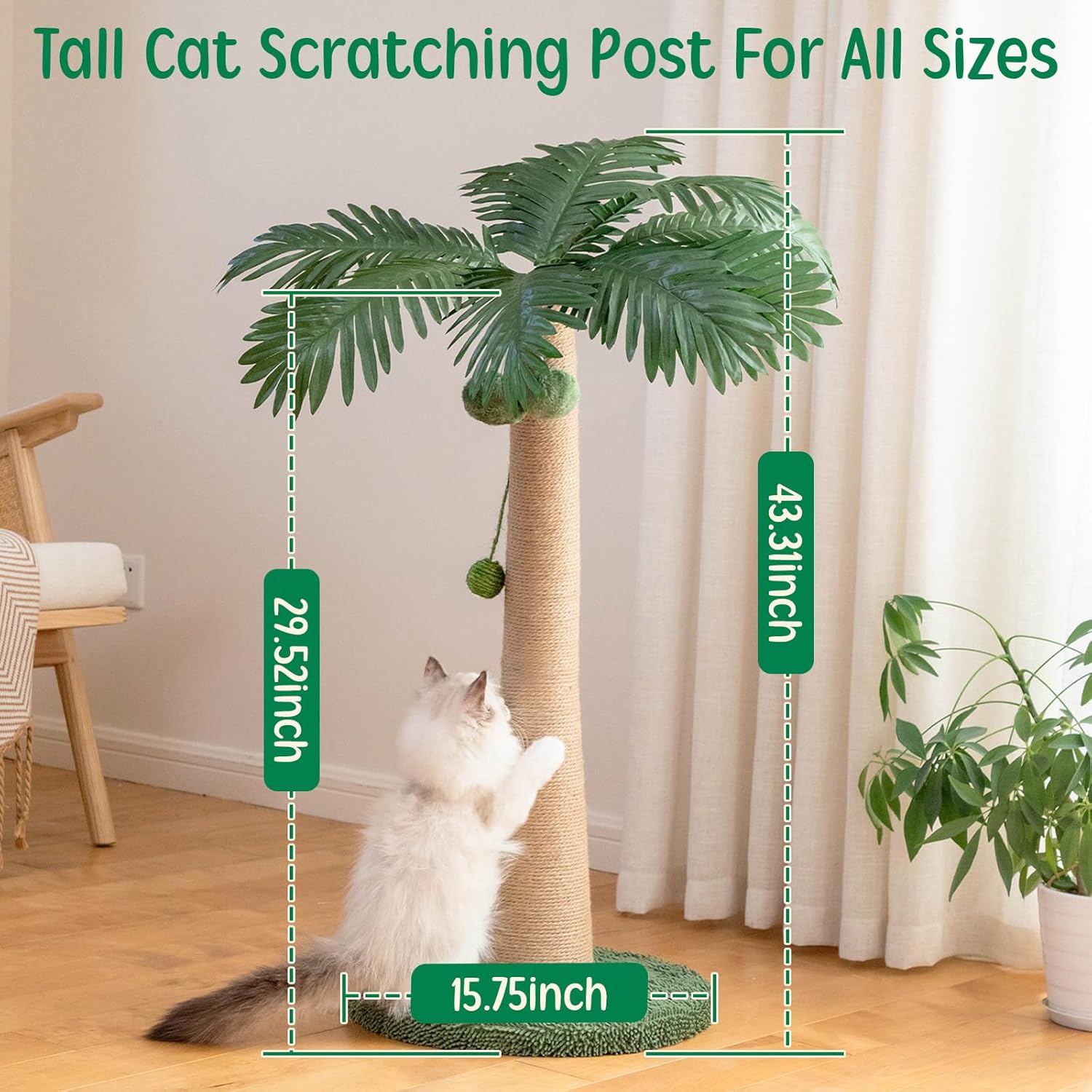 43 Inches Tall Cat Scratching Post for Large Cat, Coconut Tree Shaped Sisal Scratcher - Novusyes