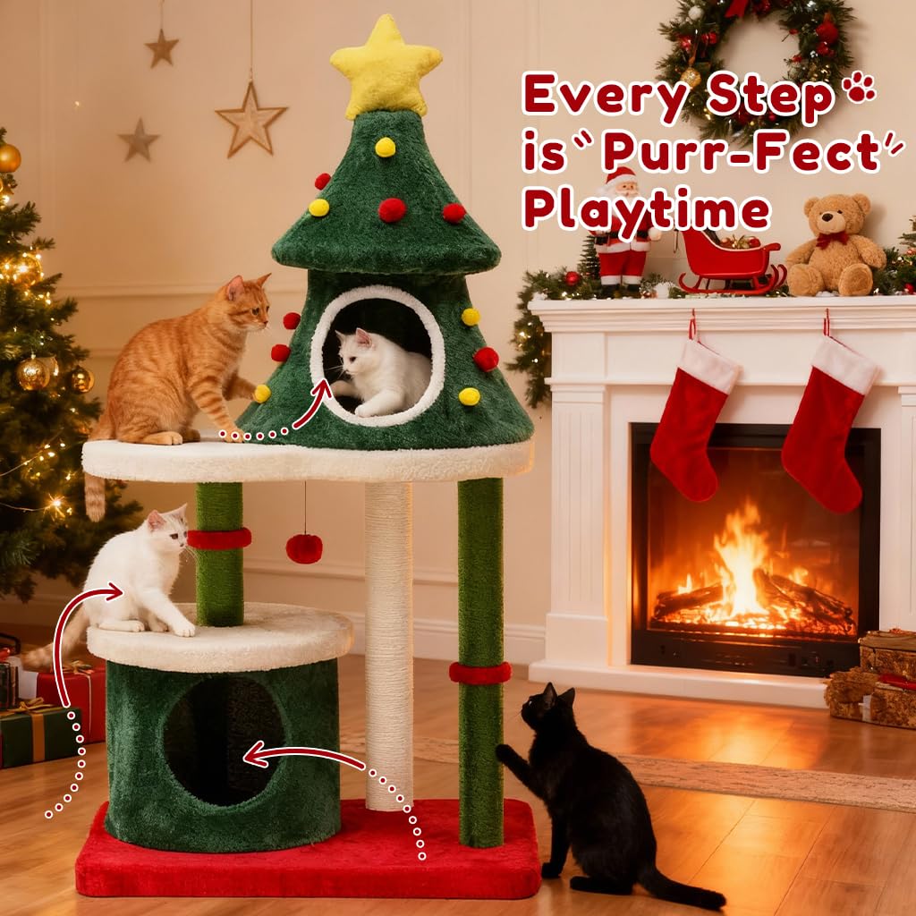 55" Christmas Cat Tree with 3 Cozy Houses - Novusyes