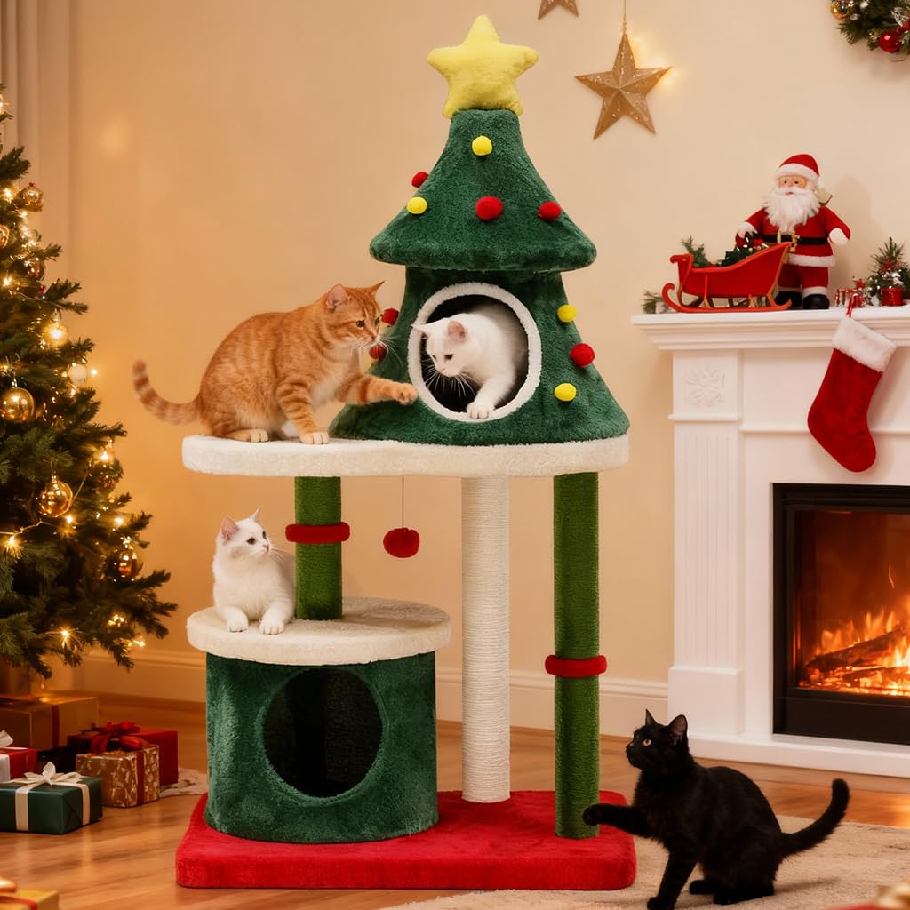 55" Christmas Cat Tree with 3 Cozy Houses - Novusyes