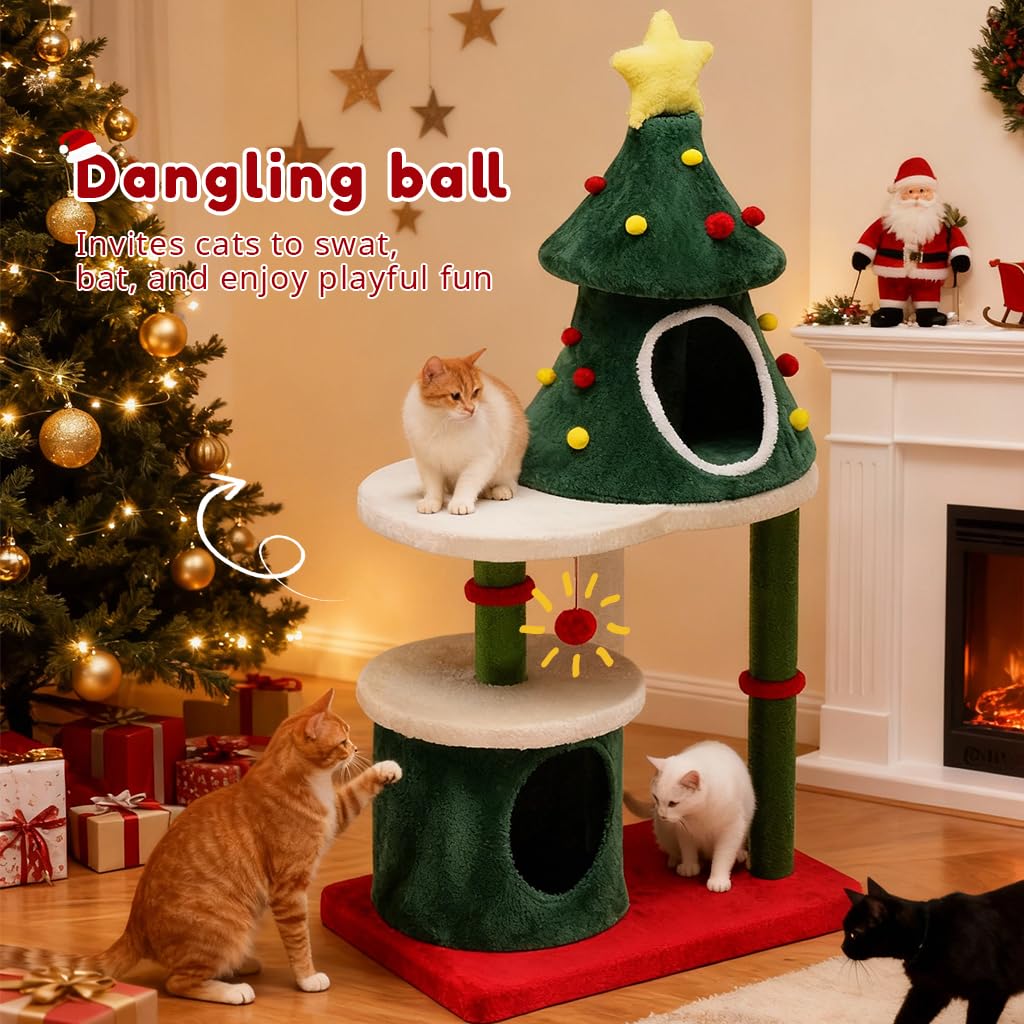 55" Christmas Cat Tree with 3 Cozy Houses - Novusyes