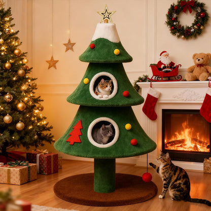 LUCKLIFE 55" Christmas Cat Tree with 3 Cozy Houses Indoor Holiday Pet Tower with Anti-Tip Kit and Toy Balls,Decoration Climbing Furniture for Cats to Play and Sleep