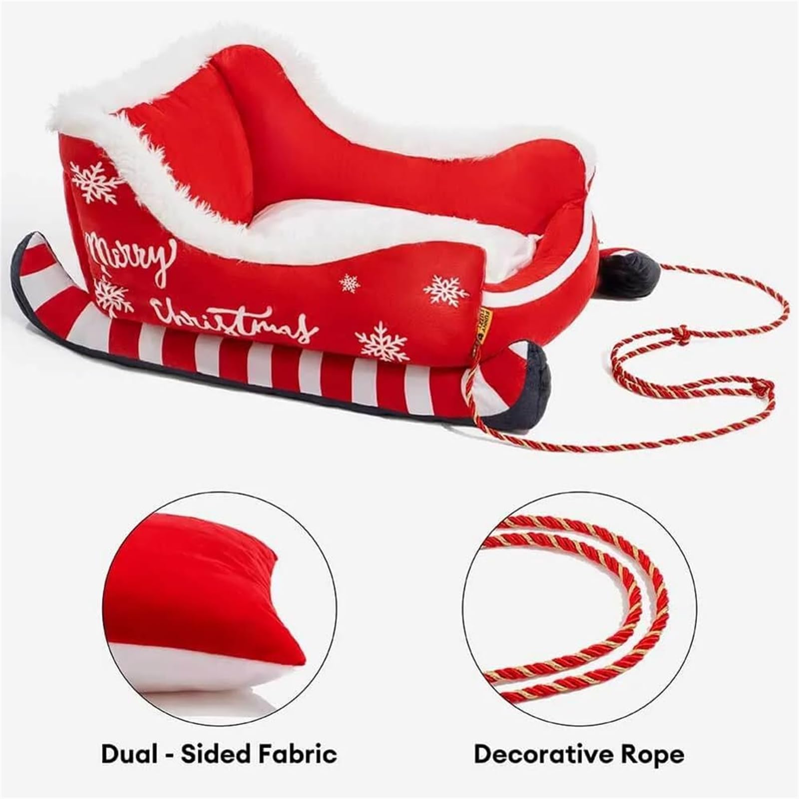 Red and white Christmas-themed inflatable sled with decorative rope on a white background.
