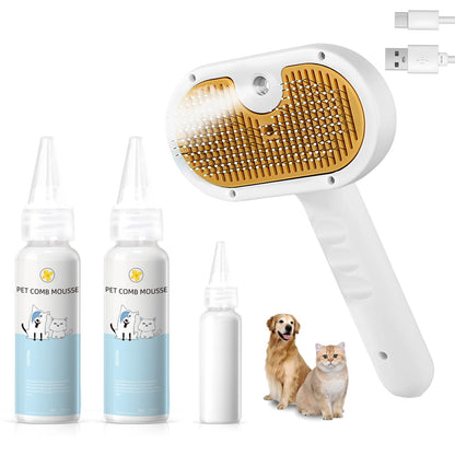 Pet grooming tool set with a comb, mousse bottles, and USB cable on a white background.