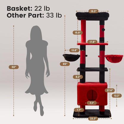 Gardner Pet 65in Heavy Duty Cat Tree Tower for Large Cats, Multi-Level Cat Furniture with Replaceable Sisal Scratching Post, Hammock | Extra-Large Platform & Condo (Black Red, Basic φ:2.84")