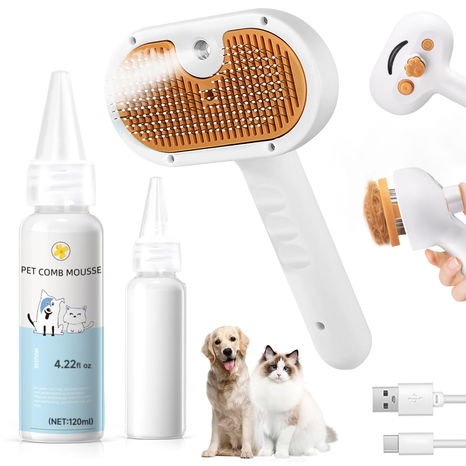 Pet grooming tools including a comb, mousse bottle, and USB cable on a white background.