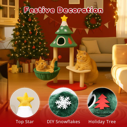 LUCKLIFE 55" Christmas Cat Tree with 3 Cozy Houses Indoor Holiday Pet Tower with Anti-Tip Kit and Toy Balls,Decoration Climbing Furniture for Cats to Play and Sleep