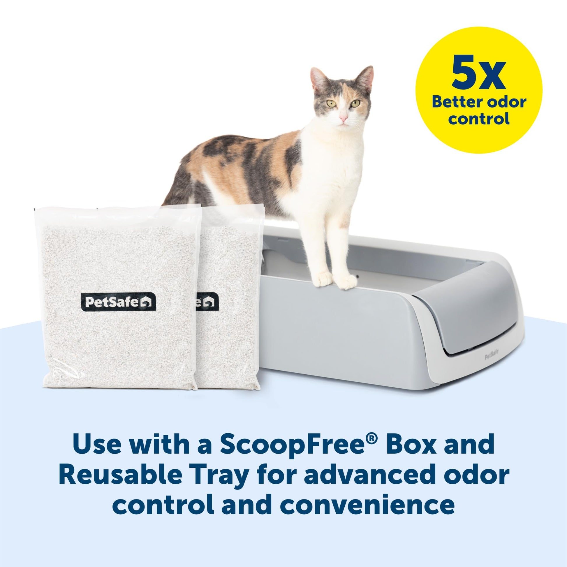 PetSafe ScoopFree Crystal Cat Litter Refill – Fresh Scent, 2-pack; silica litter bags beside a ScoopFree tray and cat.