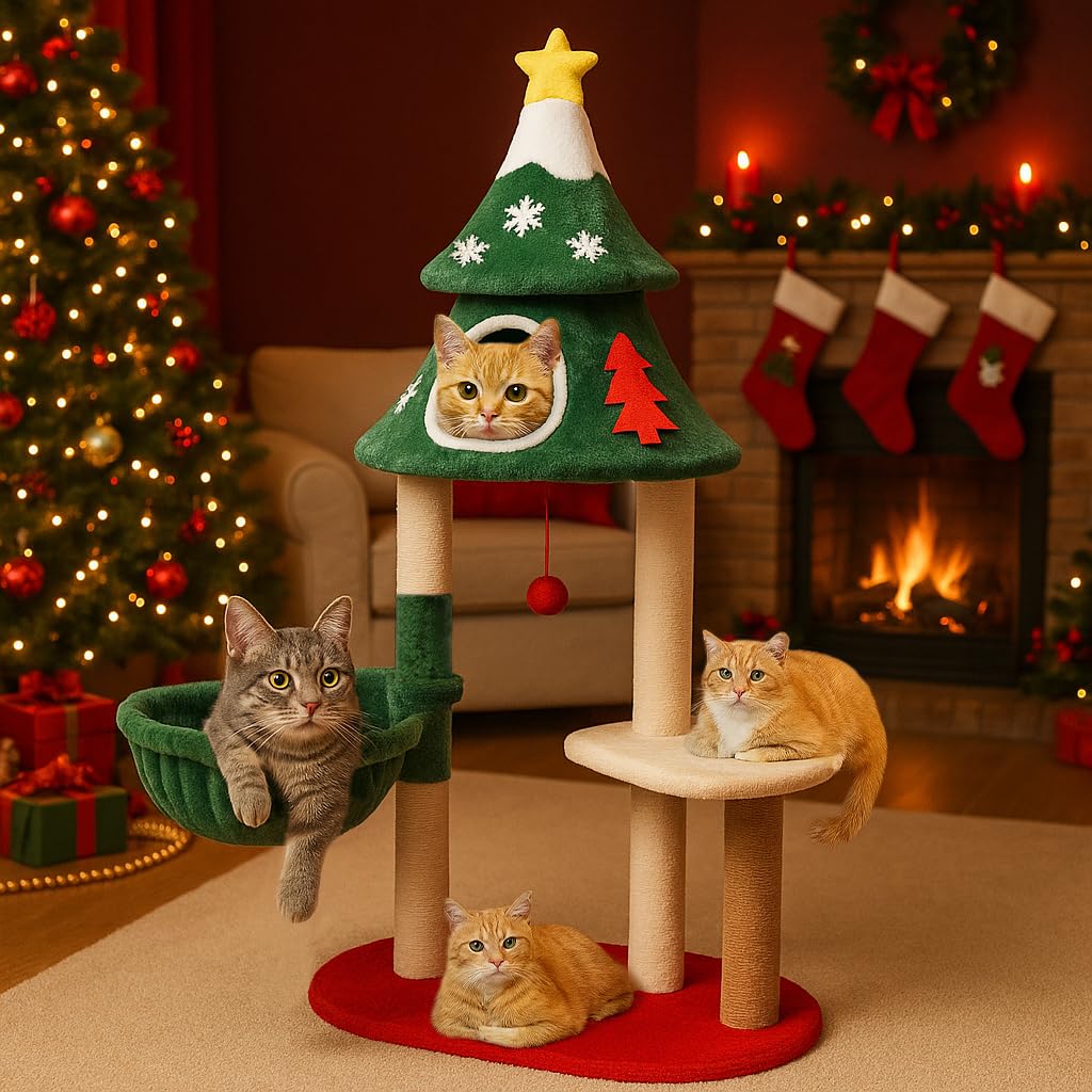 LUCKLIFE 55" Christmas Cat Tree with 3 Cozy Houses Indoor Holiday Pet Tower with Anti-Tip Kit and Toy Balls,Decoration Climbing Furniture for Cats to Play and Sleep