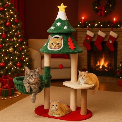 LUCKLIFE 55" Christmas Cat Tree with 3 Cozy Houses Indoor Holiday Pet Tower with Anti-Tip Kit and Toy Balls,Decoration Climbing Furniture for Cats to Play and Sleep