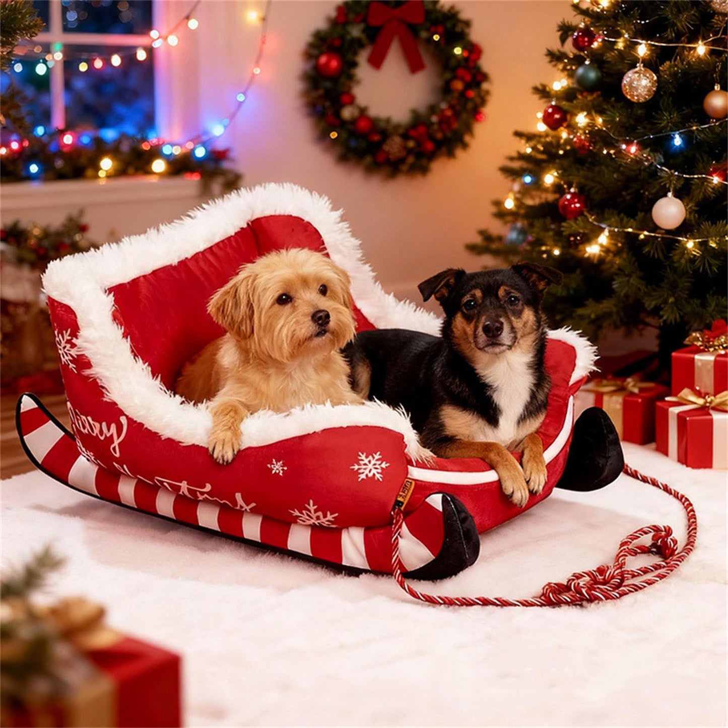 Two dogs in a red and white Christmas-themed pet bed with a decorated tree and presents in the background.
