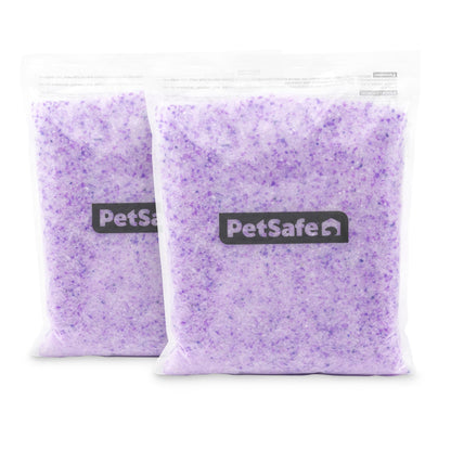 Two bags of PetSafe ScoopFree Crystal Cat Litter Refill – Fresh Scent, 2-Pack, purple silica crystals
