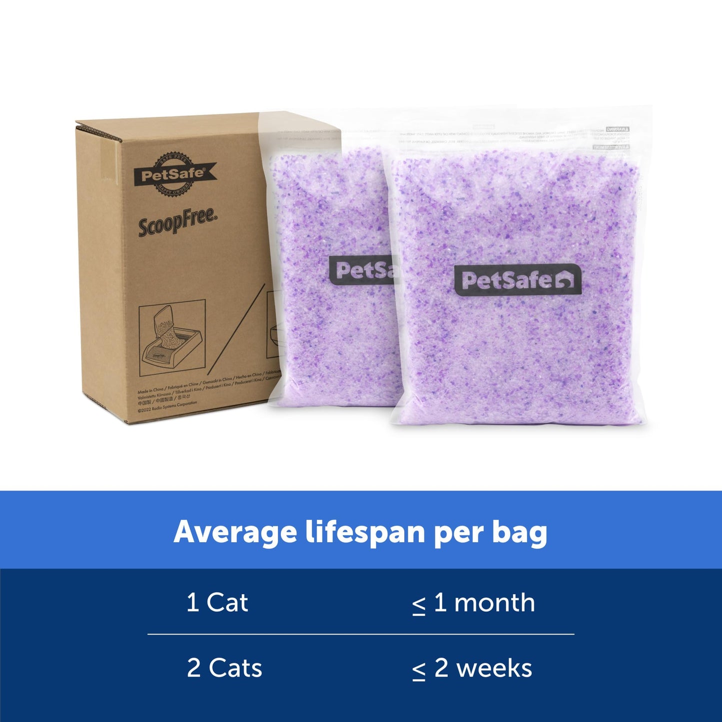 PetSafe ScoopFree Crystal Cat Litter Refill – Fresh Scent, 2-pack with purple silica crystals beside the box.