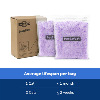 PetSafe ScoopFree Crystal Cat Litter Refill – Fresh Scent, 2-pack with purple silica crystals beside the box.