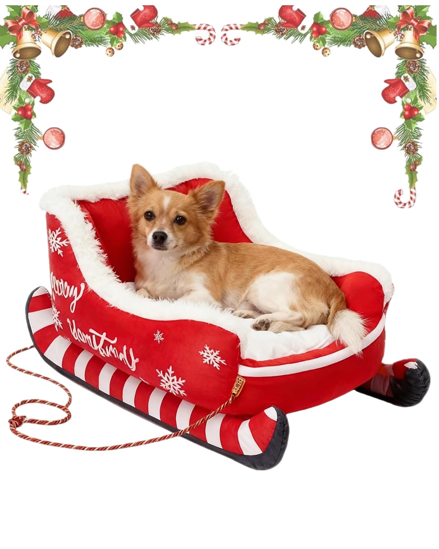 Dog lying in a red and white Christmas-themed dog sled with festive decorations around.