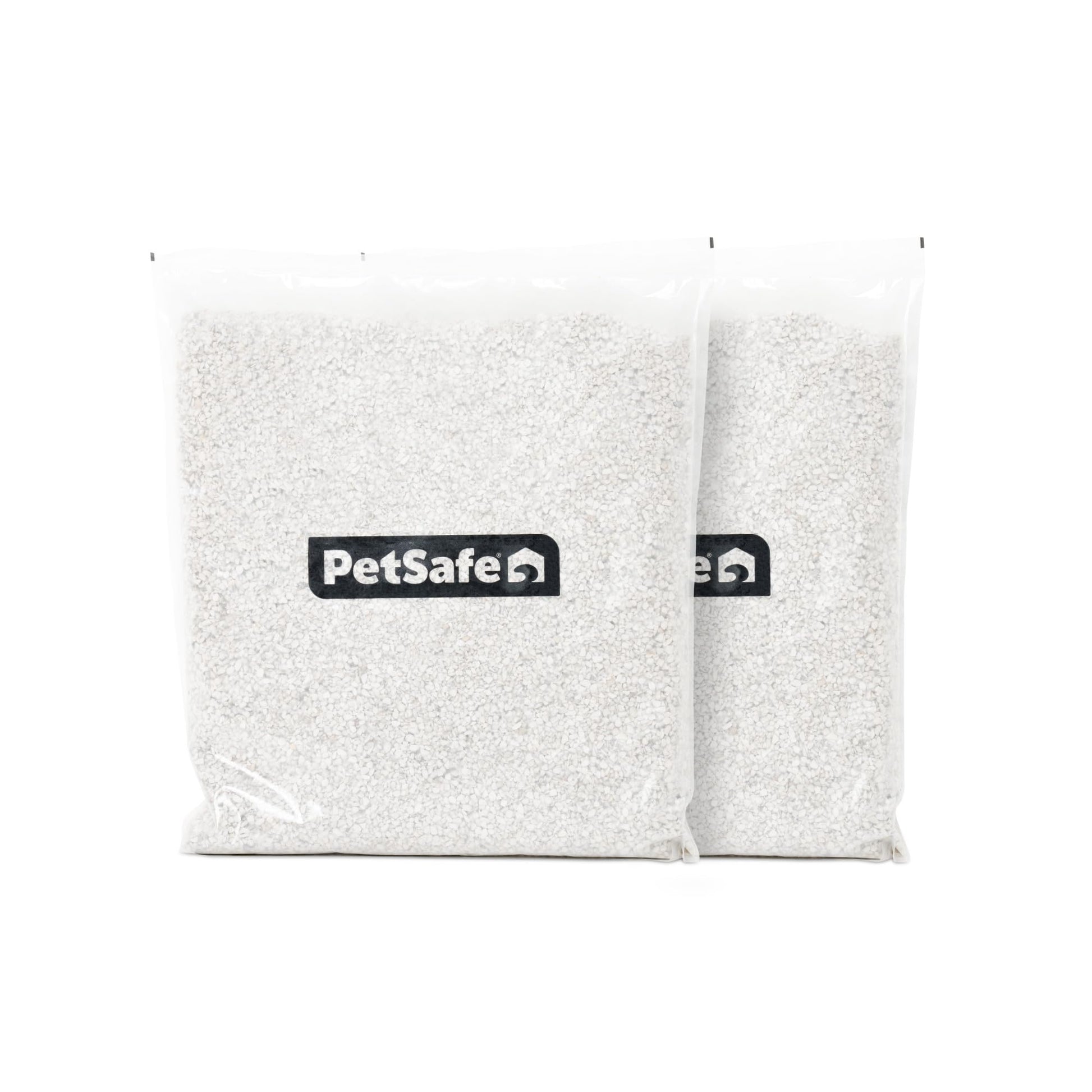 Two transparent bags of PetSafe ScoopFree Crystal Cat Litter Refills - Fresh Scent (2-Pack), silica crystals.