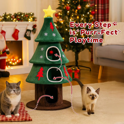 LUCKLIFE 55" Christmas Cat Tree with 3 Cozy Houses Indoor Holiday Pet Tower with Anti-Tip Kit and Toy Balls,Decoration Climbing Furniture for Cats to Play and Sleep