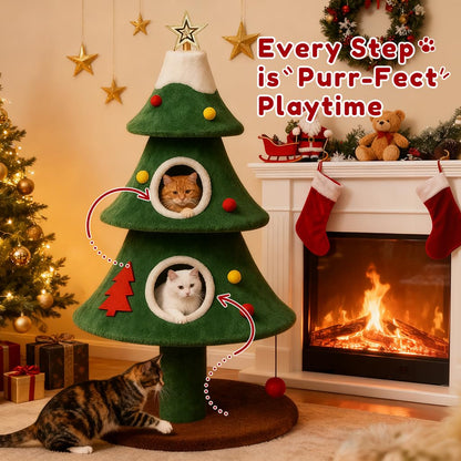 LUCKLIFE 55" Christmas Cat Tree with 3 Cozy Houses Indoor Holiday Pet Tower with Anti-Tip Kit and Toy Balls,Decoration Climbing Furniture for Cats to Play and Sleep