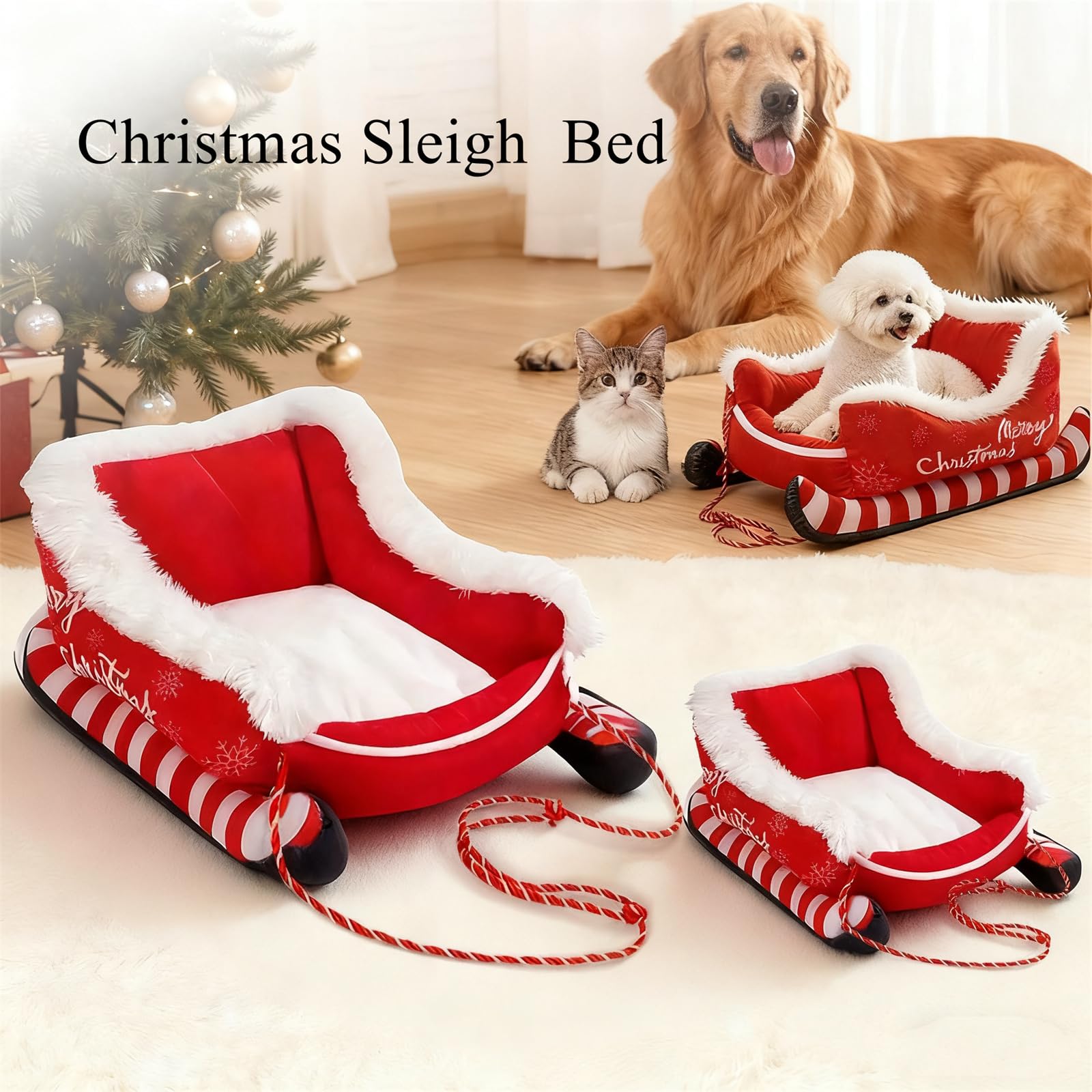 Christmas sleigh bed with pets in a festive setting