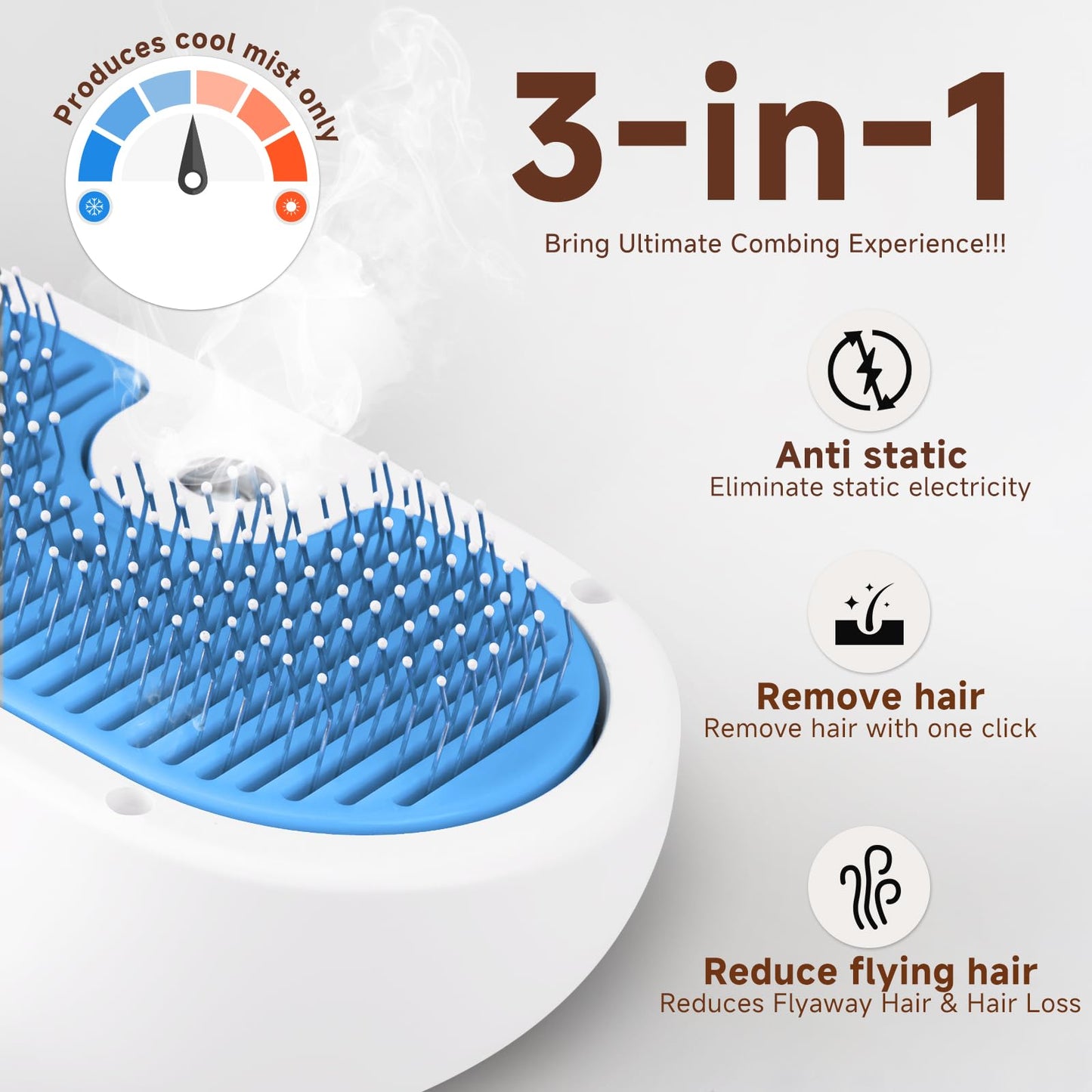 3-in-1 comb with features for anti-static, hair removal, and reducing flying hair on a white background.