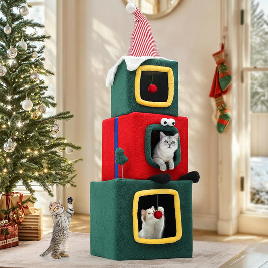 YITAHOME 60" Christmas-Themed Cat Tower with 3 Semi-Enclosed Cat Houses, Indoor Cat Tree with Cat Condos, Cute Cat Tree with Plush Ball, Christmas Tree Cat House