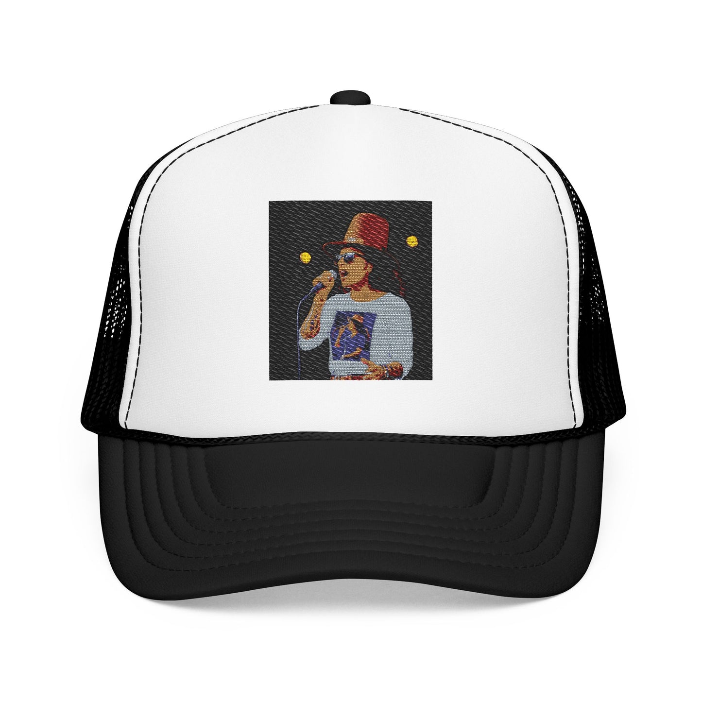 Trucker hat with a graphic of a person wearing a hat and sunglasses on a white background
