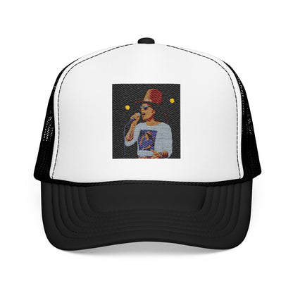 Trucker hat with a graphic of a person wearing a hat and sunglasses on a white background