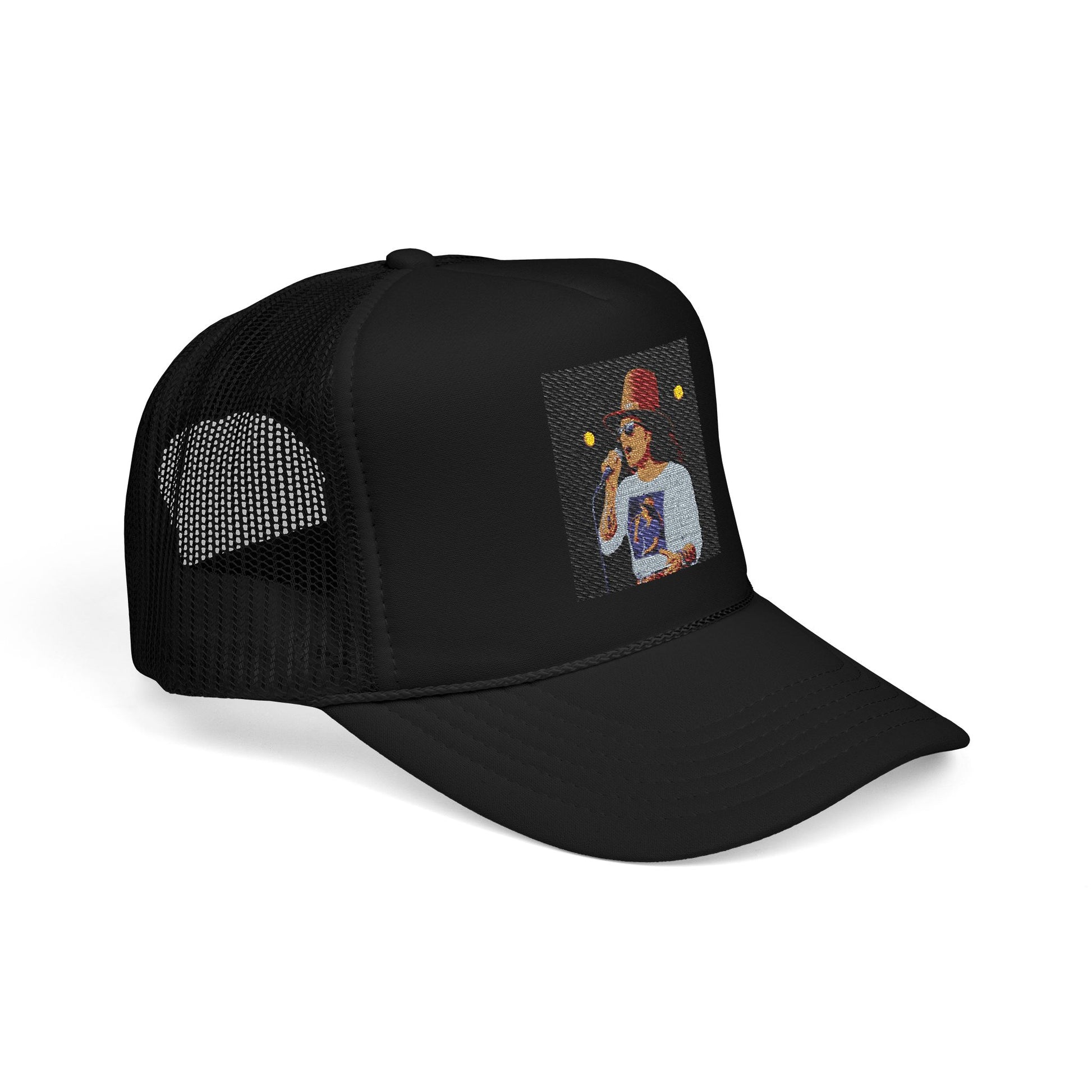Black trucker cap with a decorative front panel on a white background