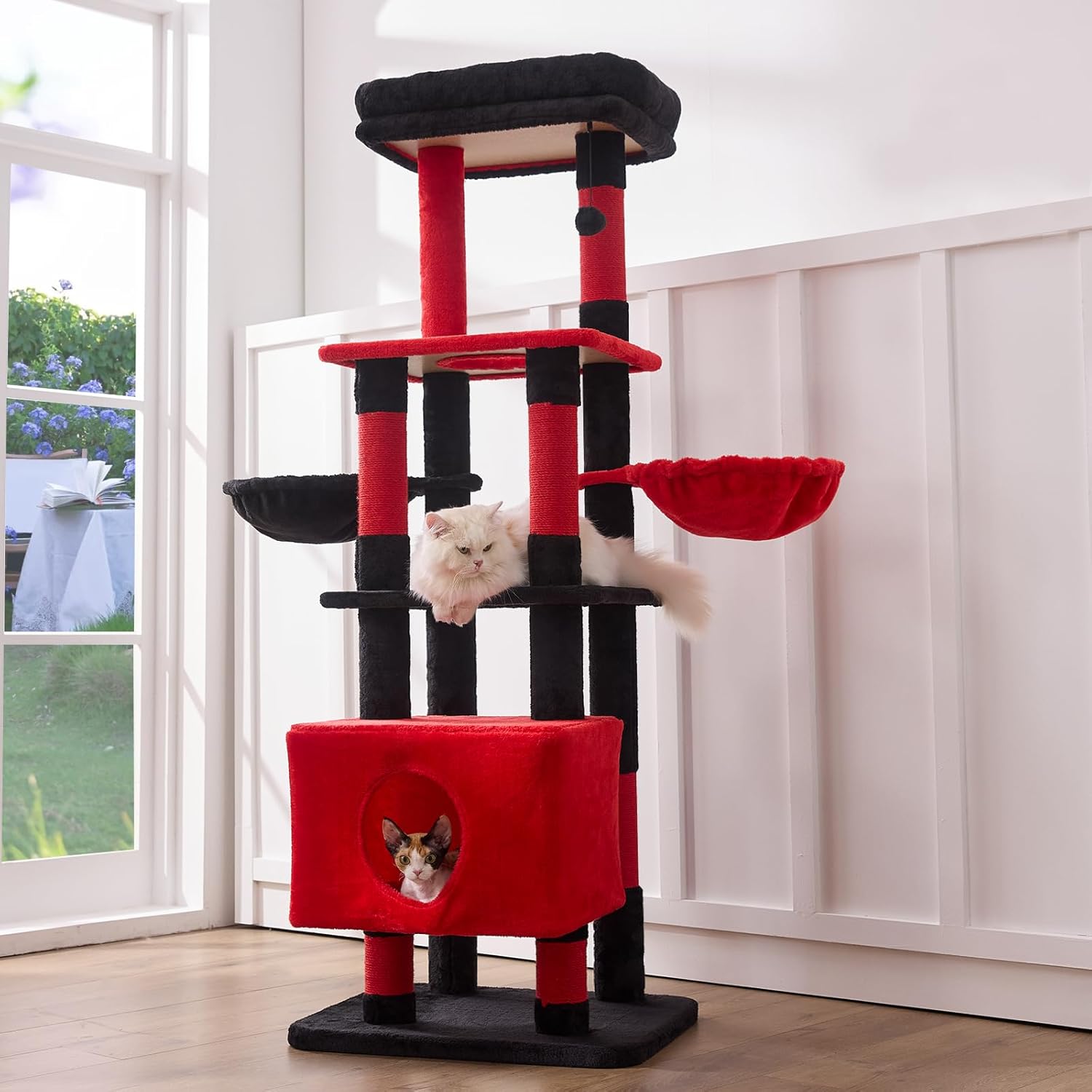 Gardner Pet 65in Heavy Duty Cat Tree Tower for Large Cats, Multi - Level Cat Furniture with Replaceable Sisal Scratching Post, Hammock | Extra - Large Platform & Condo (Black Red, Basic φ:2.84") - Novusyes