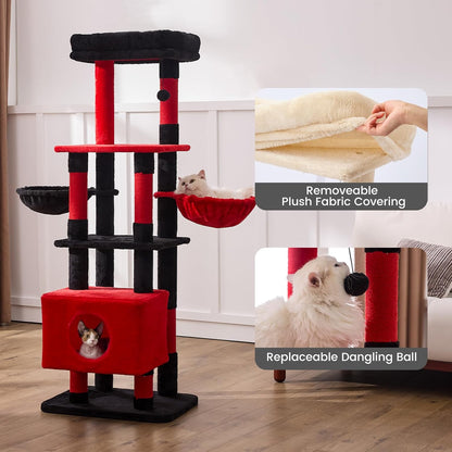Gardner Pet 65in Heavy Duty Cat Tree Tower for Large Cats, Multi - Level Cat Furniture with Replaceable Sisal Scratching Post, Hammock | Extra - Large Platform & Condo (Black Red, Basic φ:2.84") - Novusyes