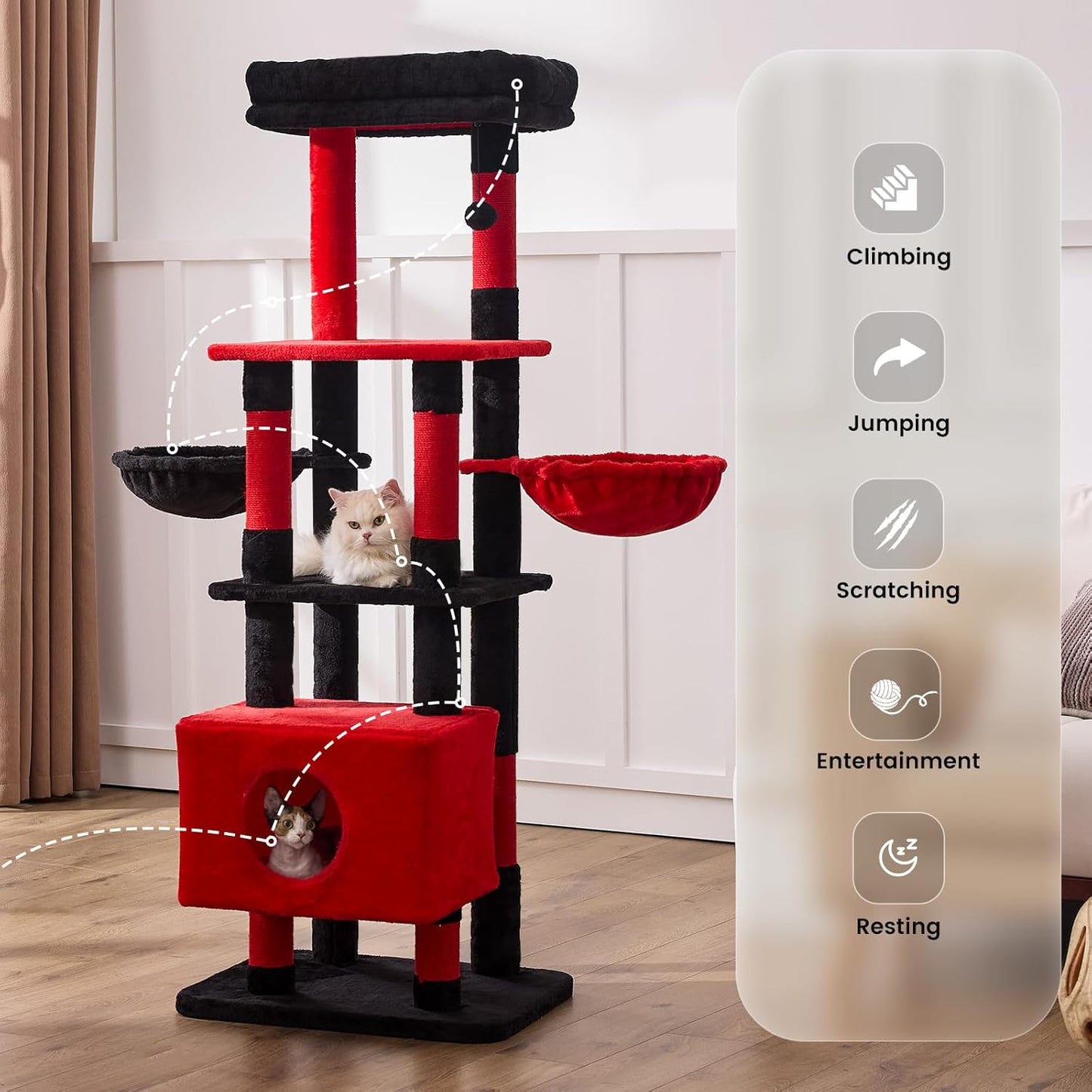 Gardner Pet 65in Heavy Duty Cat Tree Tower for Large Cats, Multi - Level Cat Furniture with Replaceable Sisal Scratching Post, Hammock | Extra - Large Platform & Condo (Black Red, Basic φ:2.84") - Novusyes