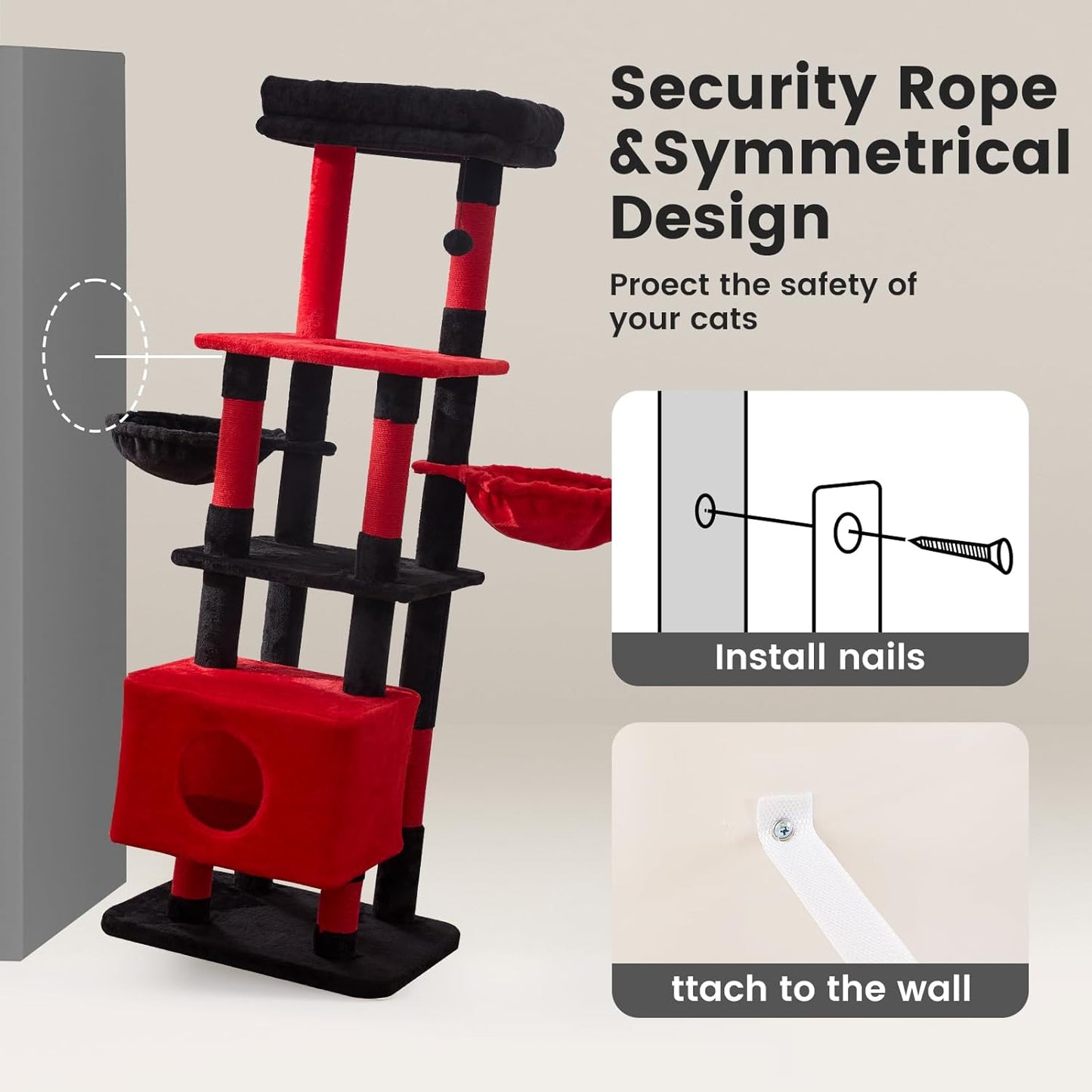 Gardner Pet 65in Heavy Duty Cat Tree Tower for Large Cats, Multi - Level Cat Furniture with Replaceable Sisal Scratching Post, Hammock | Extra - Large Platform & Condo (Black Red, Basic φ:2.84") - Novusyes