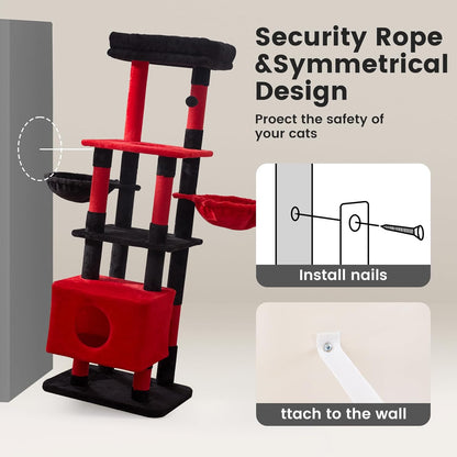 Gardner Pet 65in Heavy Duty Cat Tree Tower for Large Cats, Multi - Level Cat Furniture with Replaceable Sisal Scratching Post, Hammock | Extra - Large Platform & Condo (Black Red, Basic φ:2.84") - Novusyes