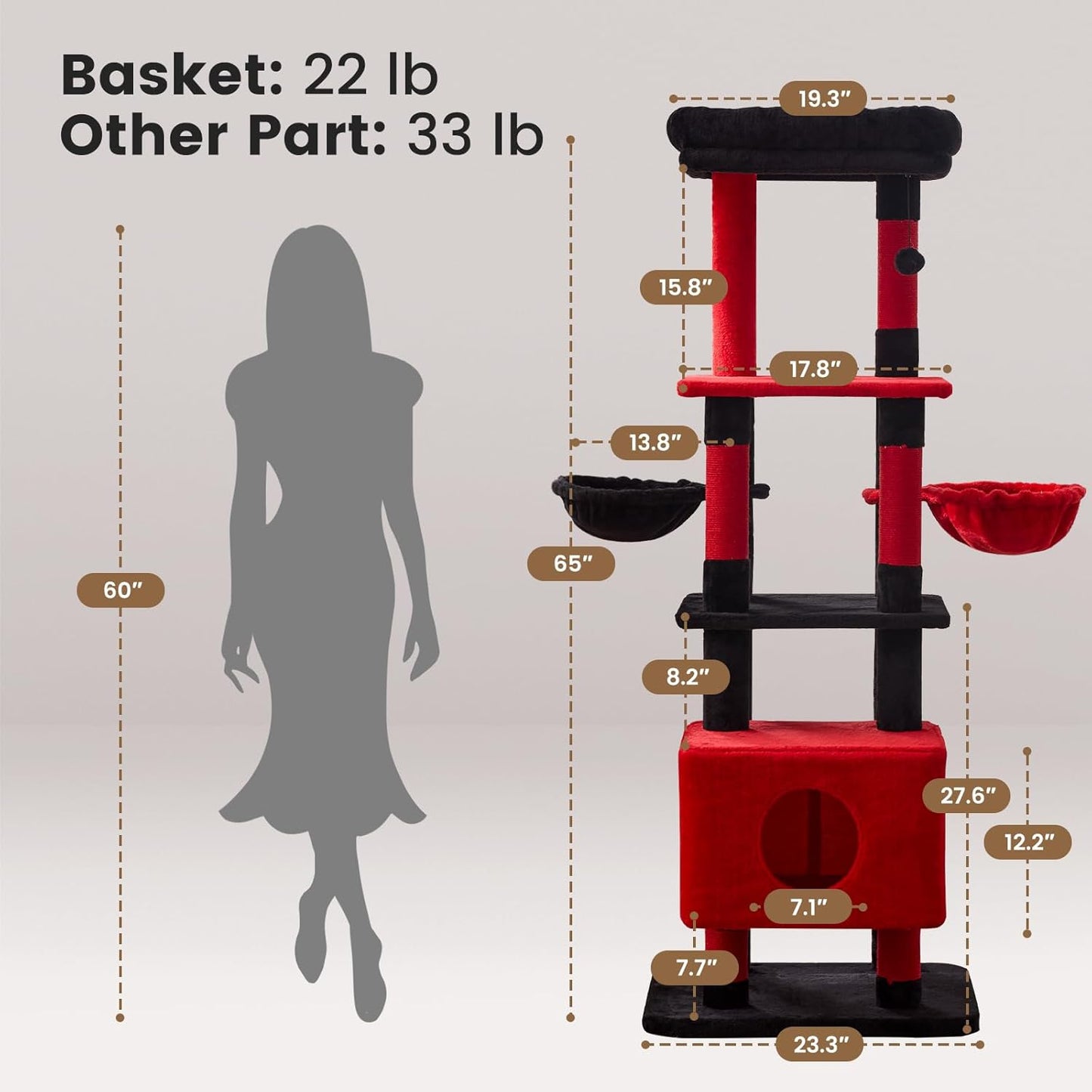 Gardner Pet 65in Heavy Duty Cat Tree Tower for Large Cats, Multi - Level Cat Furniture with Replaceable Sisal Scratching Post, Hammock | Extra - Large Platform & Condo (Black Red, Basic φ:2.84") - Novusyes