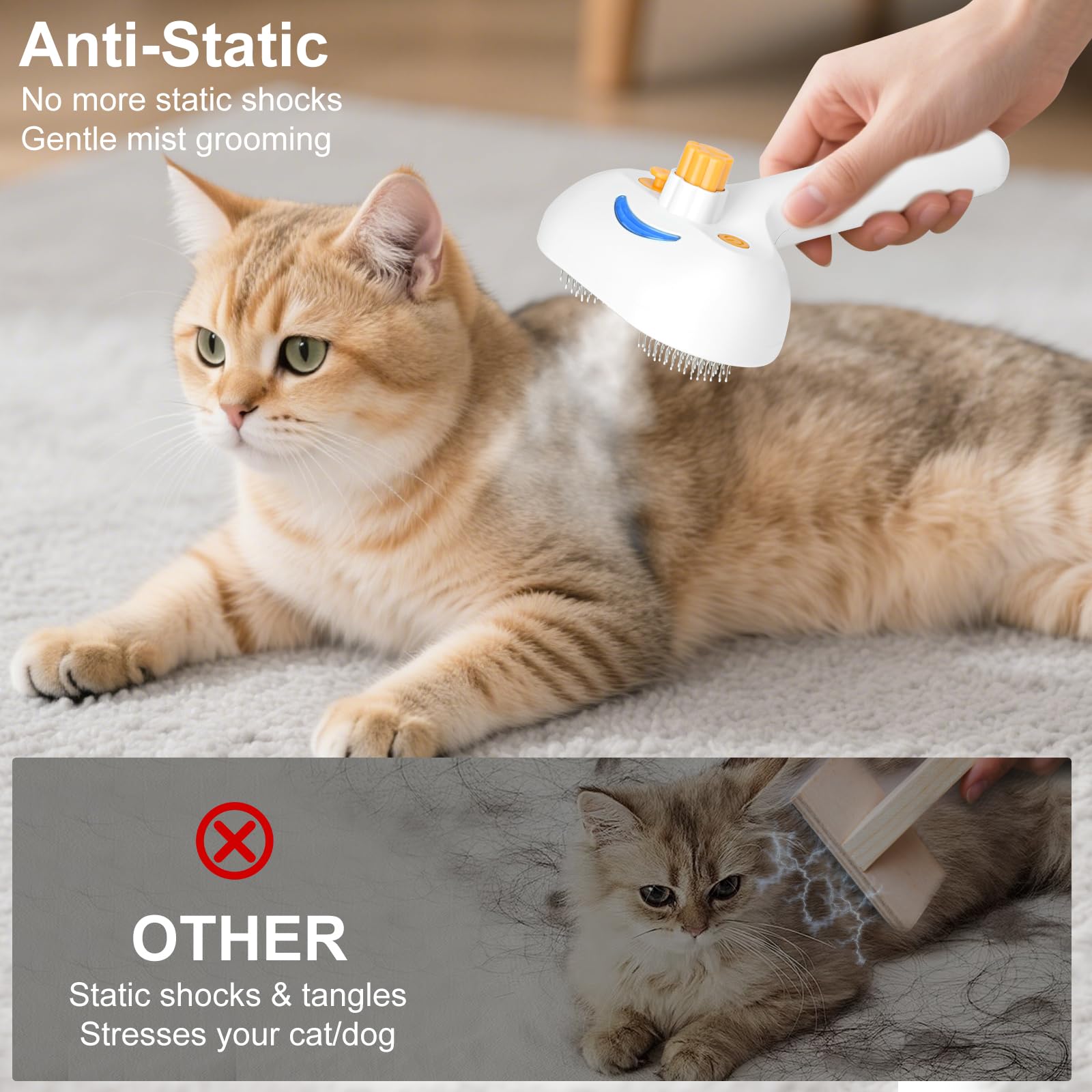 Pet Steam Brush for Dog & Cat - 3 - in - 1 Steam Grooming Brush for Shedding & Hair Removal - Self Cleaning Spray Comb with Mist for Long Haired Pets - Includes 1*Waterless Shampoo, Blue - Novusyes