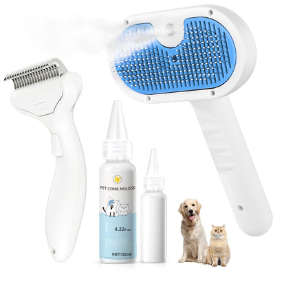 Pet Steam Brush for Dog & Cat - 3 - in - 1 Steam Grooming Brush for Shedding & Hair Removal - Self Cleaning Spray Comb with Mist for Long Haired Pets - Includes 1*Waterless Shampoo, Blue - Novusyes