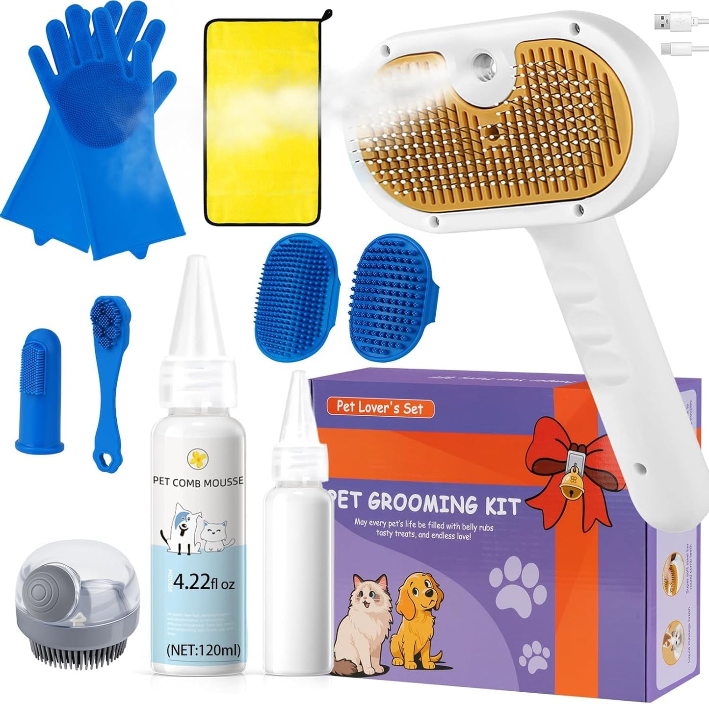 Pet Steam Brush for Dog & Cat - 3 - in - 1 Steam Grooming Brush for Shedding & Hair Removal - Self Cleaning Spray Comb with Mist for Long Haired Pets - Includes 1*Waterless Shampoo, Blue - Novusyes