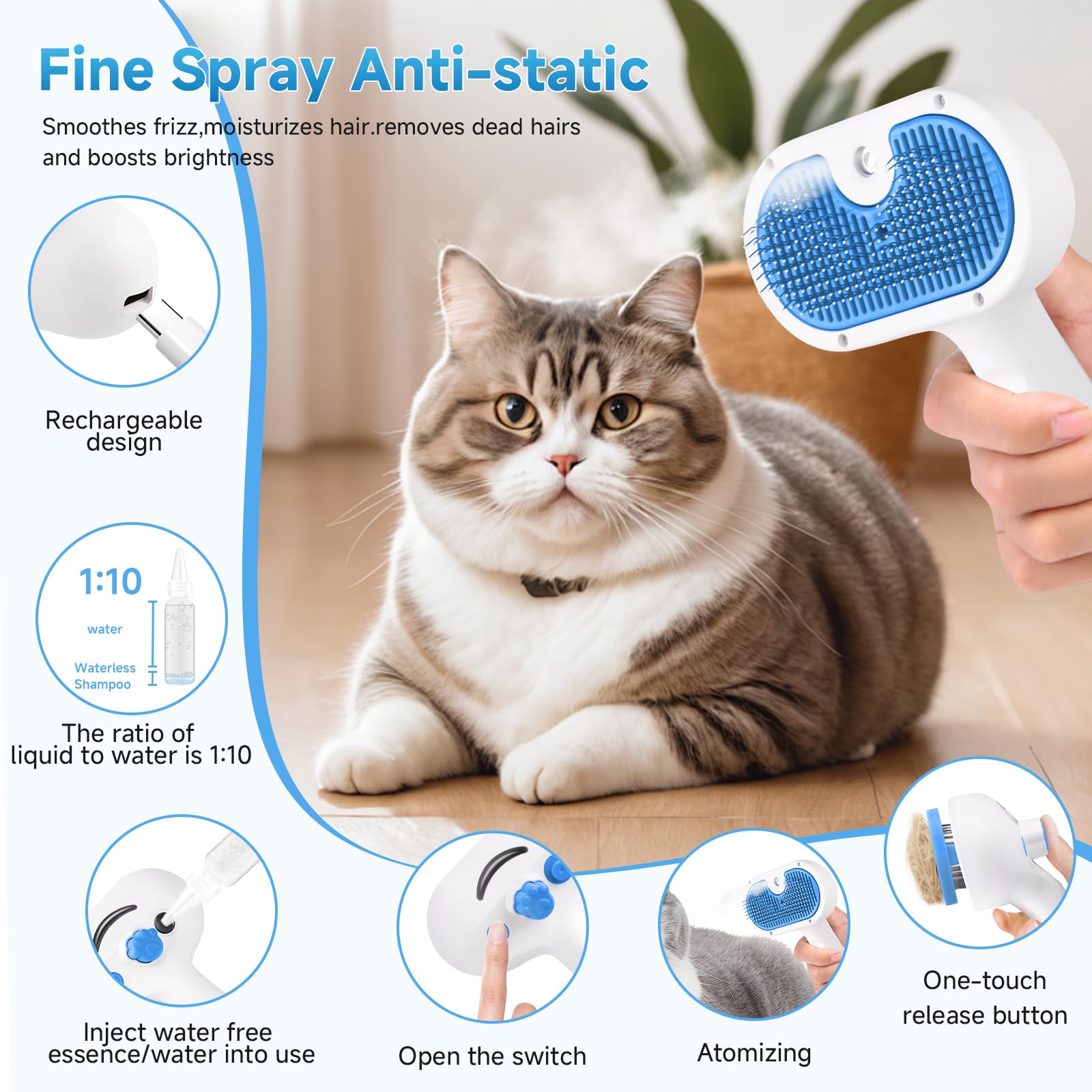 Pet Steam Brush for Dog & Cat - 3 - in - 1 Steam Grooming Brush for Shedding & Hair Removal - Self Cleaning Spray Comb with Mist for Long Haired Pets - Includes 1*Waterless Shampoo, Blue - Novusyes