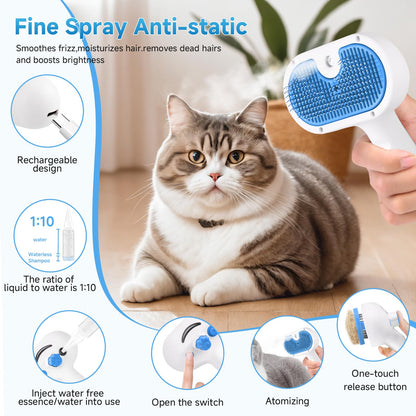 Pet Steam Brush for Dog & Cat - 3 - in - 1 Steam Grooming Brush for Shedding & Hair Removal - Self Cleaning Spray Comb with Mist for Long Haired Pets - Includes 1*Waterless Shampoo, Blue - Novusyes