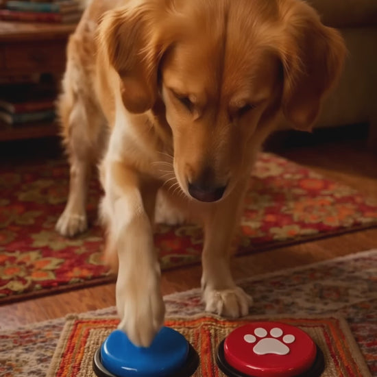 Happy dog pressing a recordable talking button