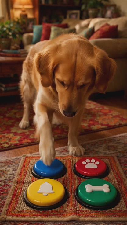 Happy dog pressing a recordable talking button