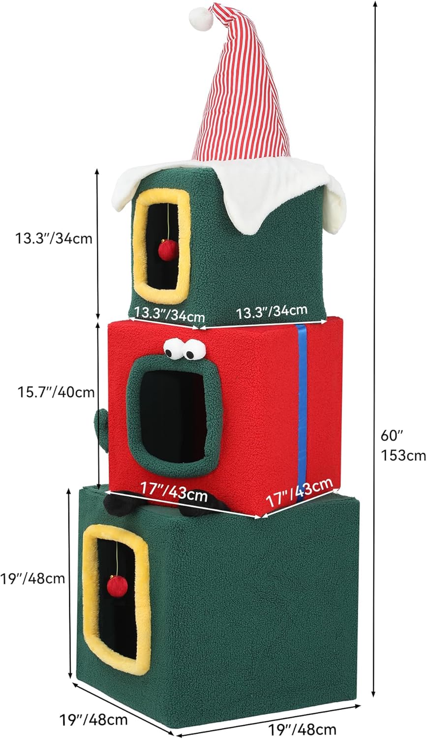 YITAHOME 60" Christmas - Themed Cat Tower with 3 Semi - Enclosed Cat Houses, Indoor Cat Tree with Cat Condos, Cute Cat Tree with Plush Ball, Christmas Tree Cat House - Novusyes